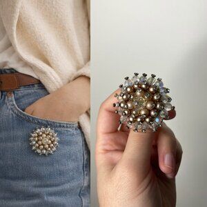 Vintage Faux Pearl & Aurora Borealis Crystal Beaded Brooch